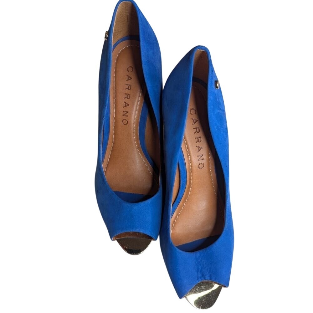 Carrano Blue Suede Peep Toe Wedge Heels Gold Accent Size 7‎